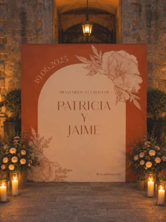 Photocall boda boho terracota con arco, nombres y fecha
